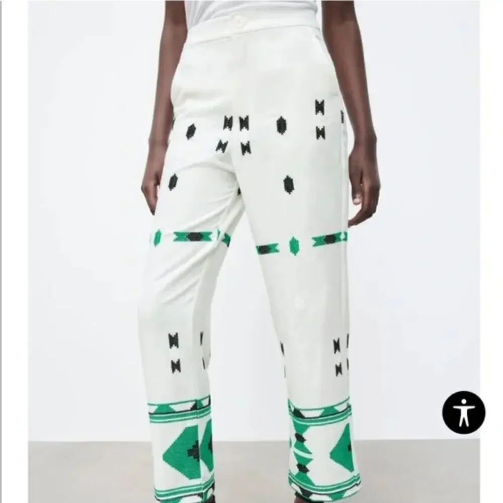 Zara White‎ & Green Geometric Embroidered Linen Pants Small Coastal Bohemian
